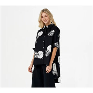 TRUTH + STYLE NEW $67 Printed Stretch Poplin Hi-Low Button‎ Shirt Black Large